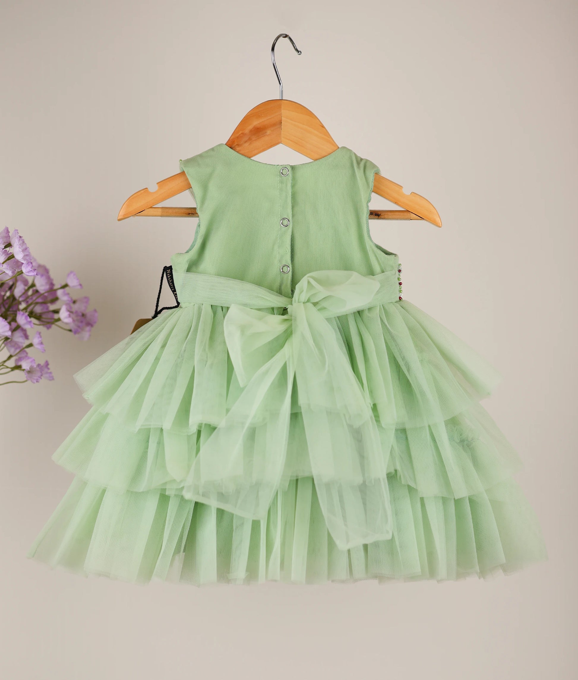 Back view of pastel green tulle net handworked birthday dress against plain background