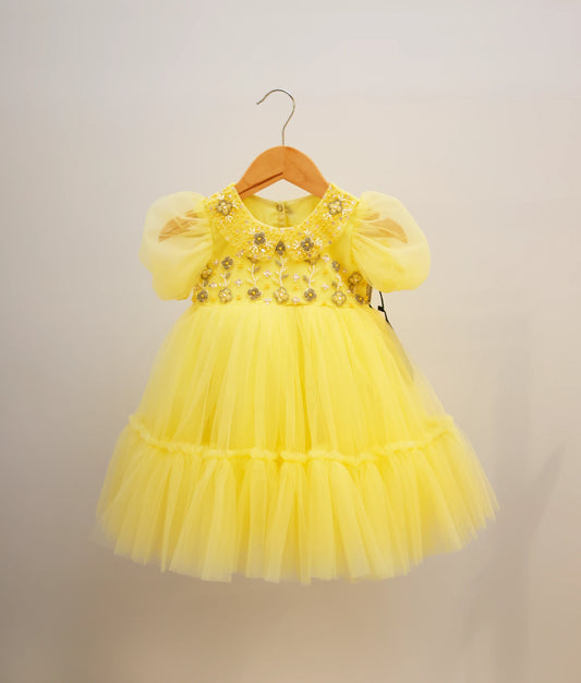 Yellow Tulle Net Handworked Birthday Frock For Baby Girl[Ready to ship :2357]