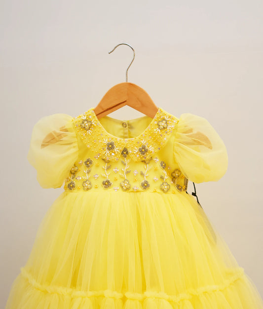Yellow Tulle Net Handworked Birthday Frock For Baby Girl[Ready to ship :2357]