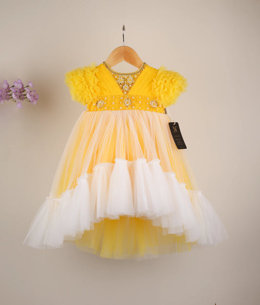 Yellow Tulle Net Handworked High Low Birthday Frock For Baby Girl [Ready To Ship :2382]