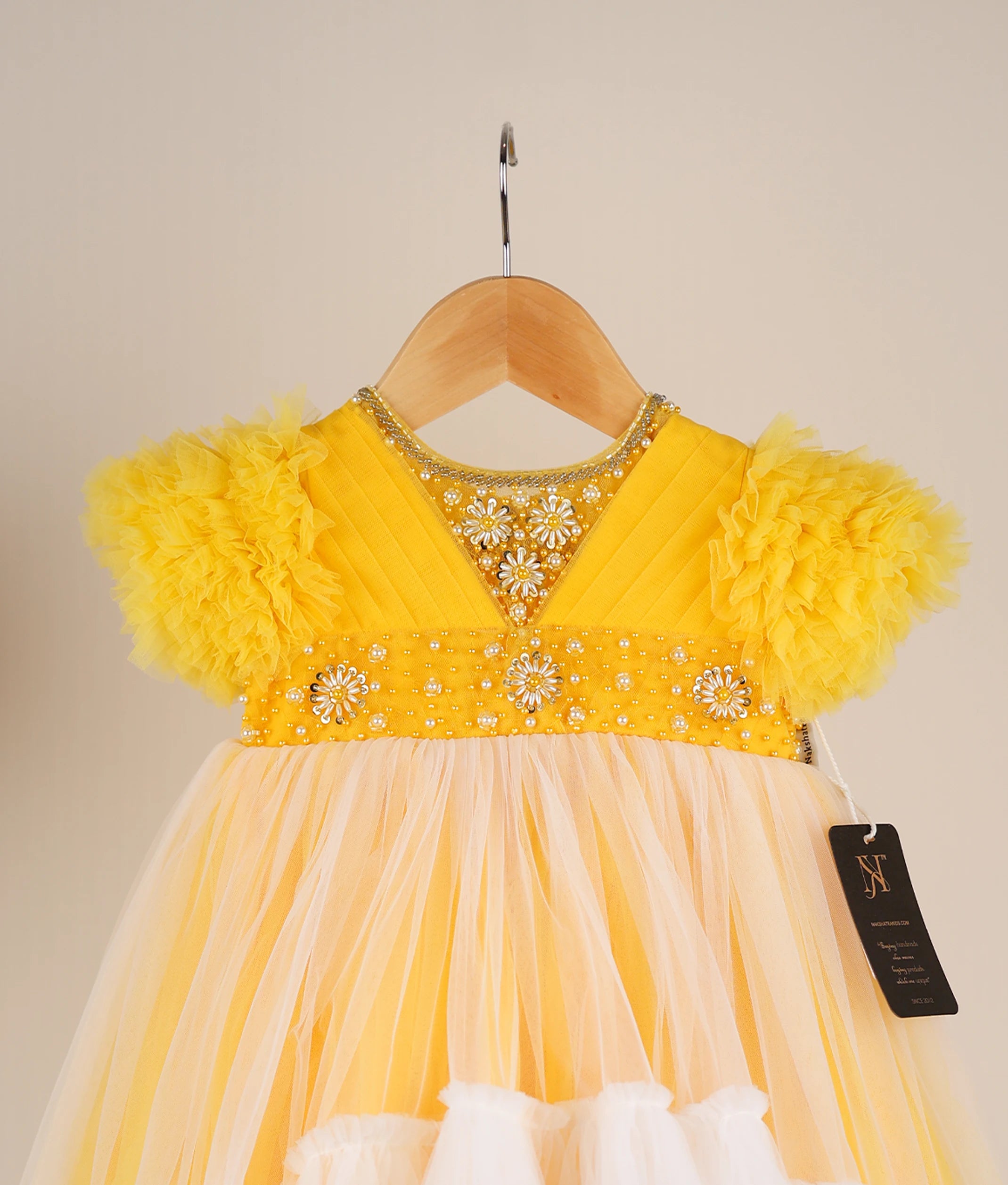 Yellow Tulle Net Handworked High Low Birthday Frock For Baby Girl [Ready To Ship :2382]