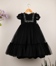Black Tulle Net Hand worked Birthday Frock for Baby Girl [2398]