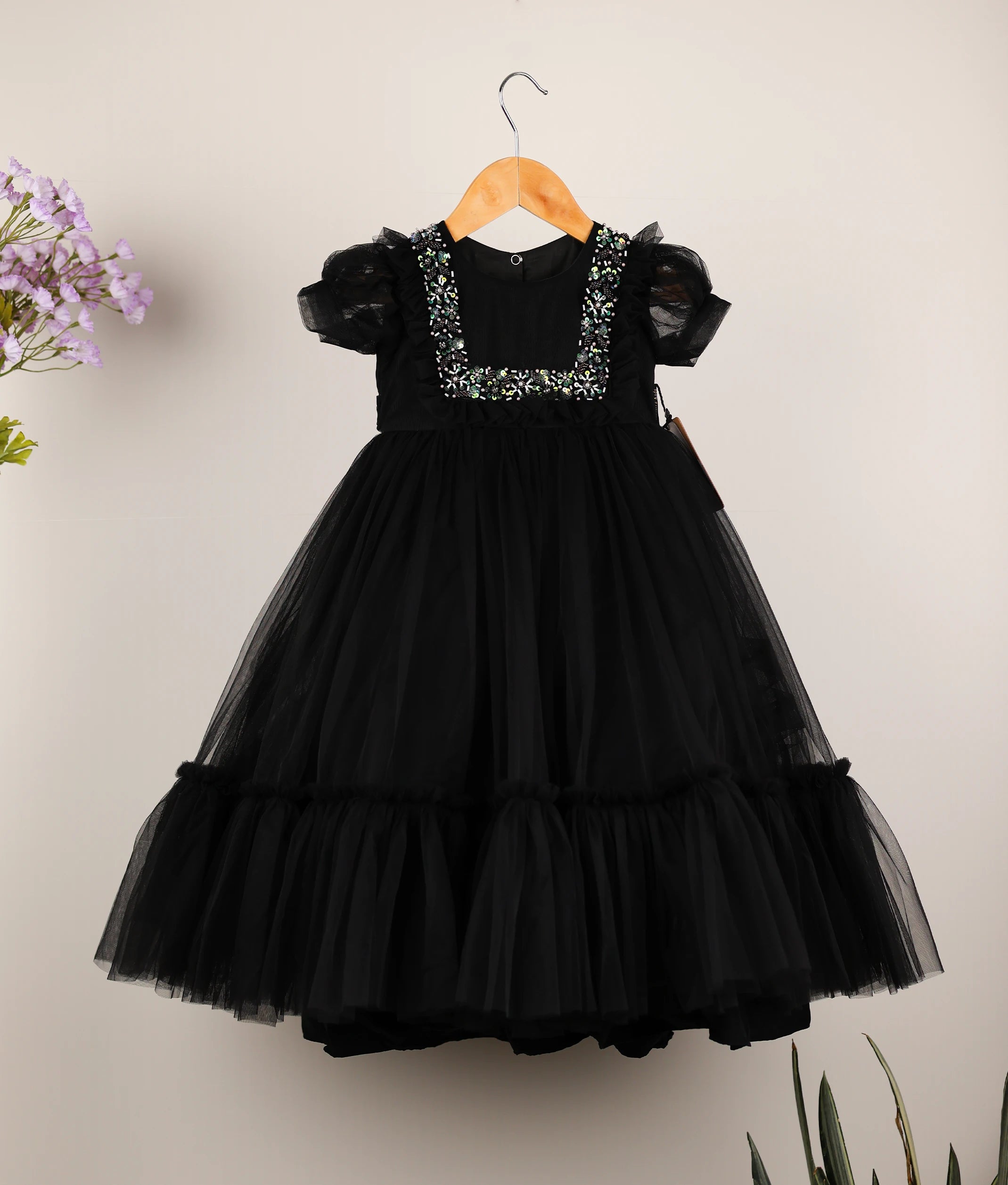 Black Tulle Net Hand worked Birthday Frock for Baby Girl [2398]