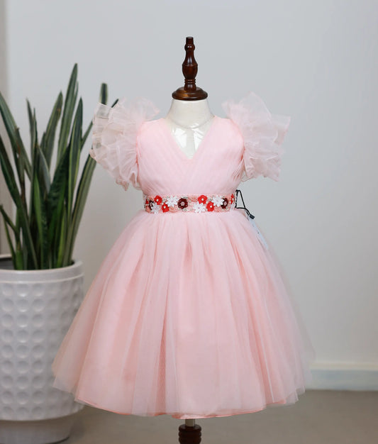 Pastel Pink Tulle Net Handworked Birthday Frock ForBaby Girl [Ready to ship :2439]