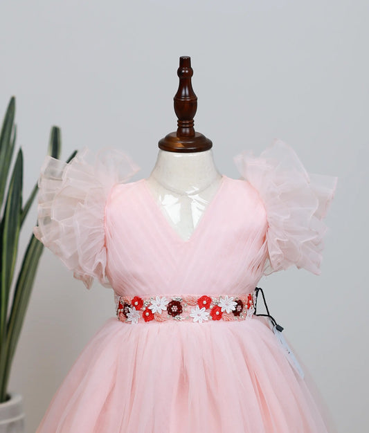 Pastel Pink Tulle Net Handworked Birthday Frock ForBaby Girl [Ready to ship :2439]