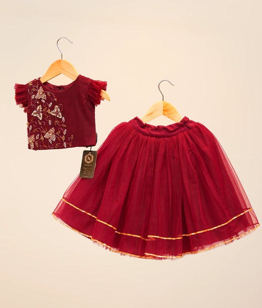 Grape Wine Tulle Net Handworked Top With Full Length Skirt For Baby Girl [Ready to ship :2449]