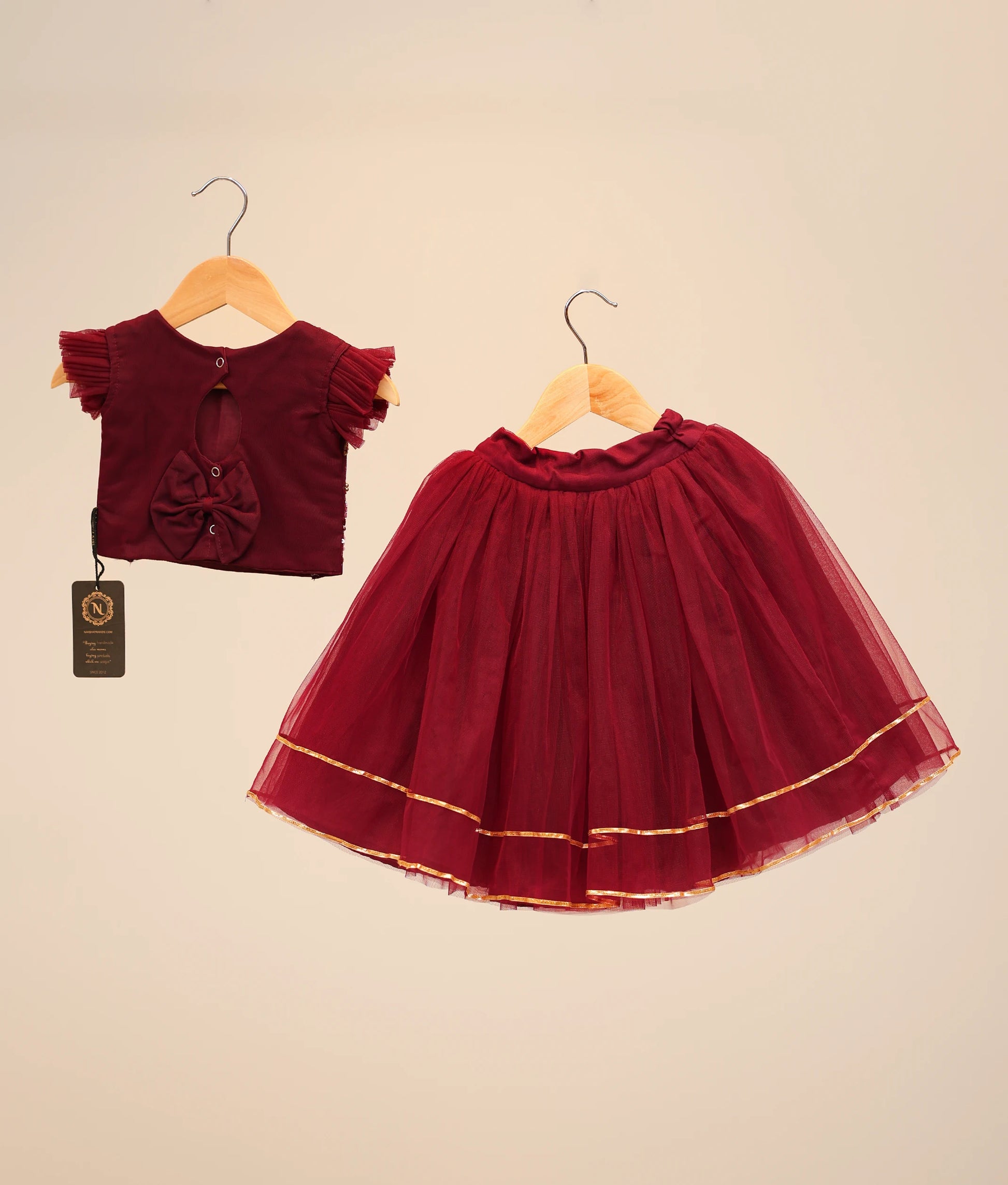 Grape Wine Tulle Net Handworked Top With Full Length Skirt For