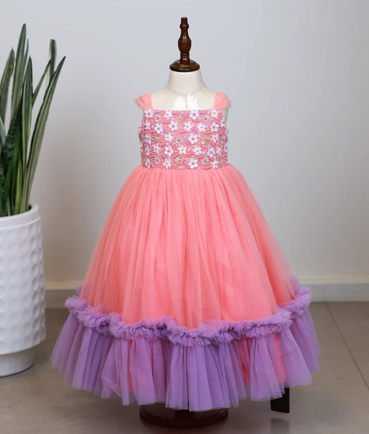 Peach Tulle Net Handworked Birthday Frock For Baby Girl [Ready to ship 2464]