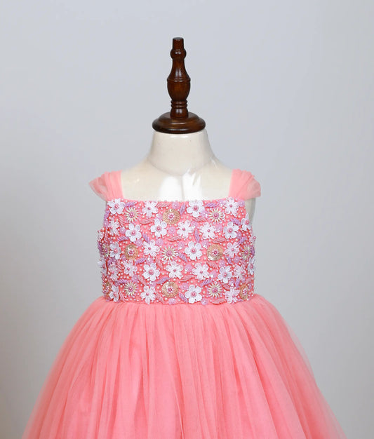 Peach Tulle Net Handworked Birthday Frock For Baby Girl [Ready to ship 2464]