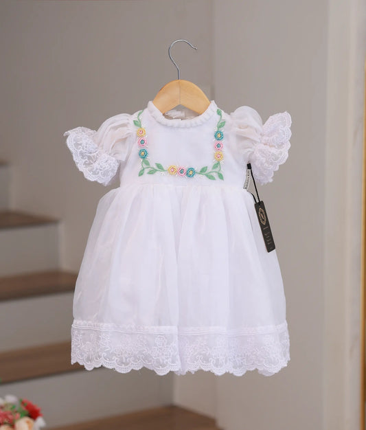 White Organza Embroidery Baptism Frock For Baby Girl [Ready To Ship :2476]