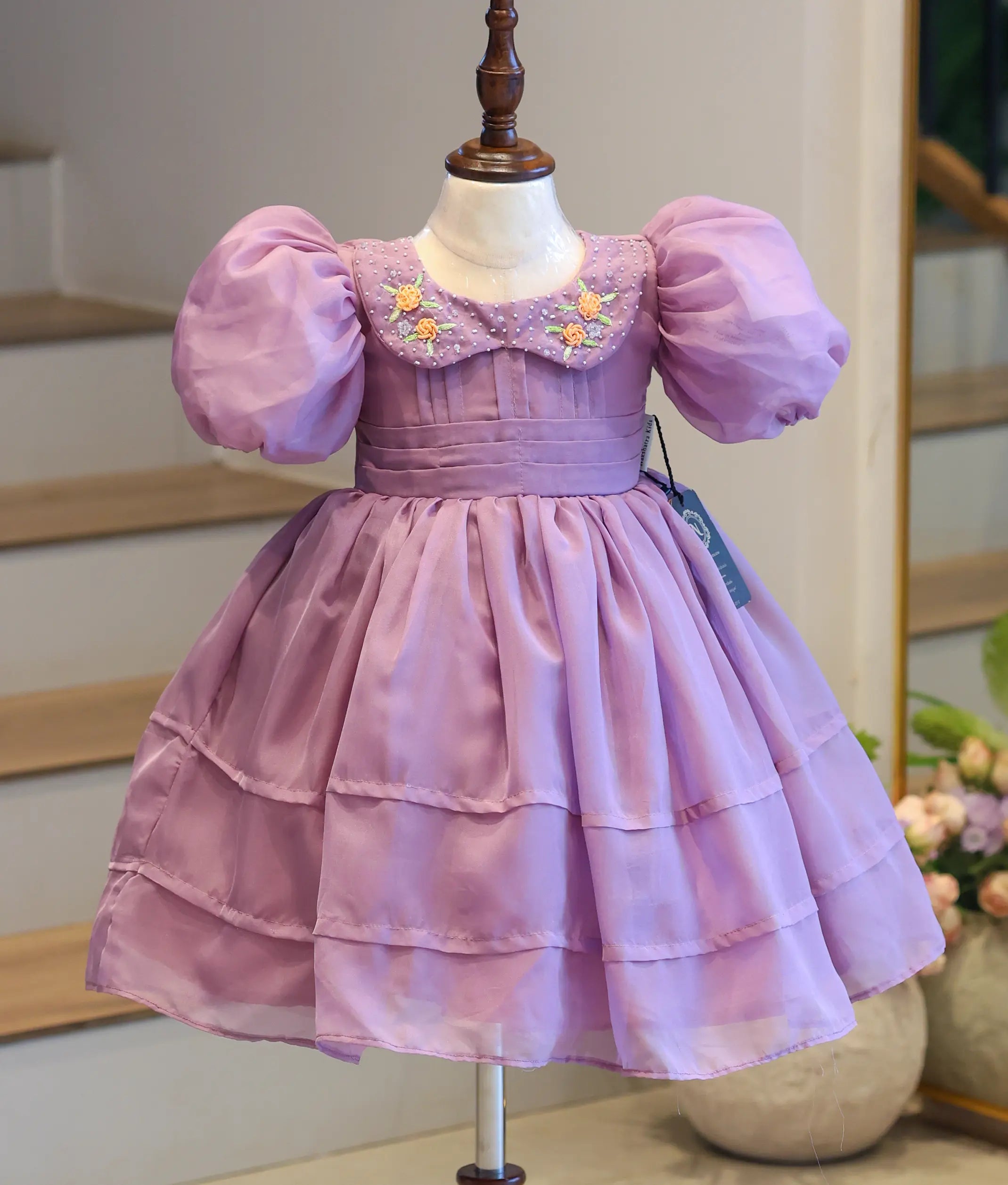Pastel Purple Plain Organza Handworked Birthday Frock for Baby Girl [2482]