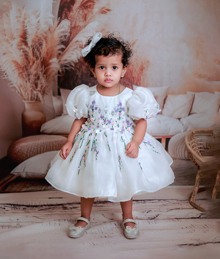 Offwhite Organza Handworked Flower Theme Dress For Baby Girl [Pre order:2485]