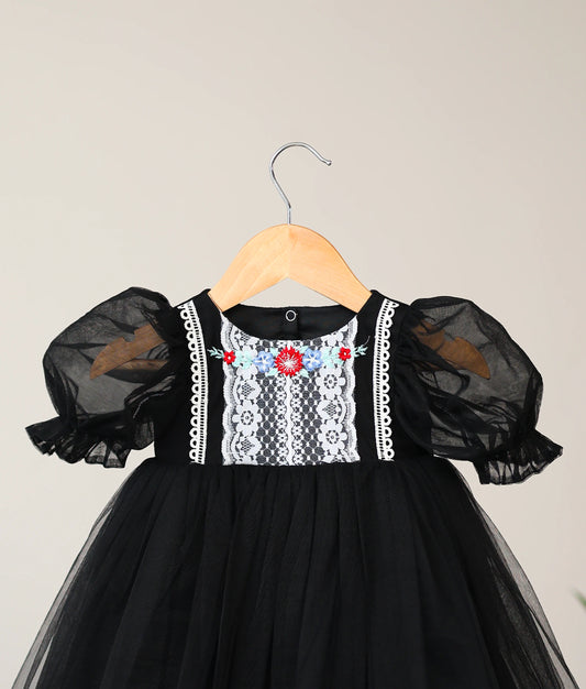 Black Tulle Net Embroidery Casual Frock For Baby Girl [Ready to ship: 2514]