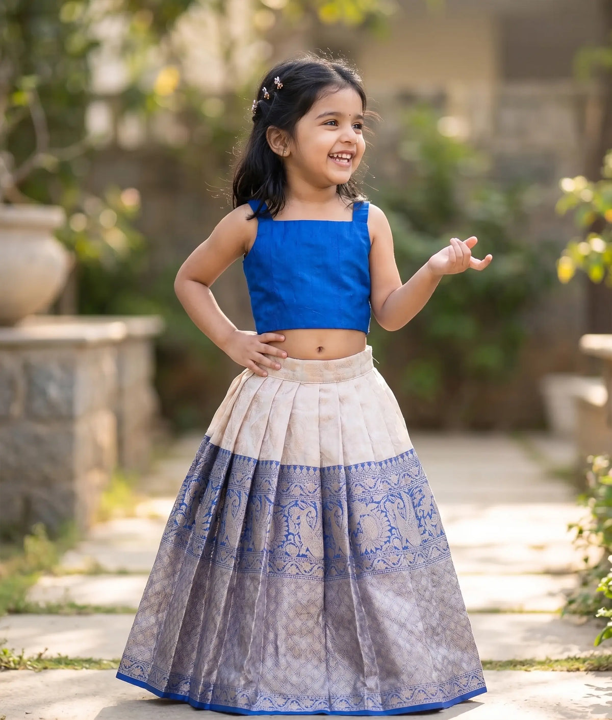 Blue Semi Silk Top and Banarasi Skirt For Baby Girl [2565]