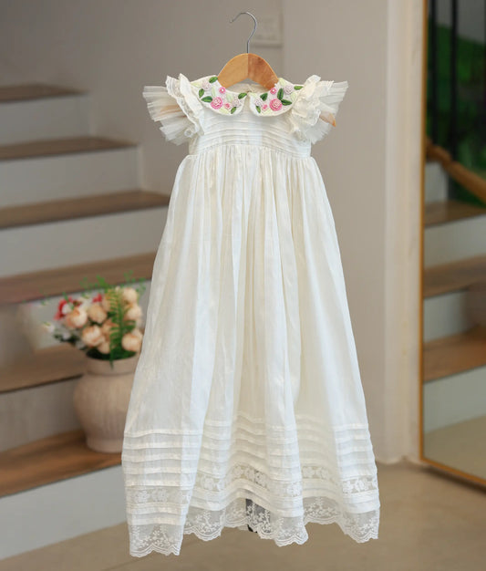 Off-white Raw Cotta Handworked Baptism Frock For Baby Girl [Ready to ship:2599]