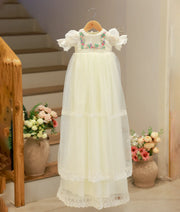 Off-white Tulle Net Handworked Baptism Long Length Frock For Baby Girl [Pre Order: 2604]