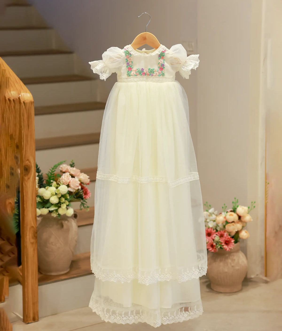 Off-white Tulle Net Handworked Baptism Long Length Frock For Baby Girl [Pre Order: 2604]