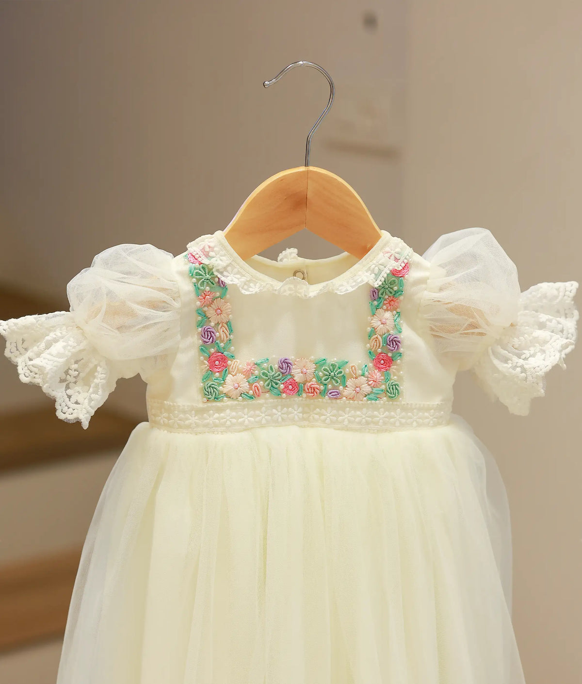 Off-white Tulle Net Handworked Baptism Long Length Frock For Baby Girl [Pre Order: 2604]