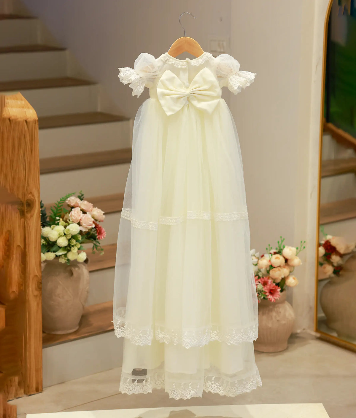 Off-white Tulle Net Handworked Baptism Long Length Frock For Baby Girl [Pre Order: 2604]