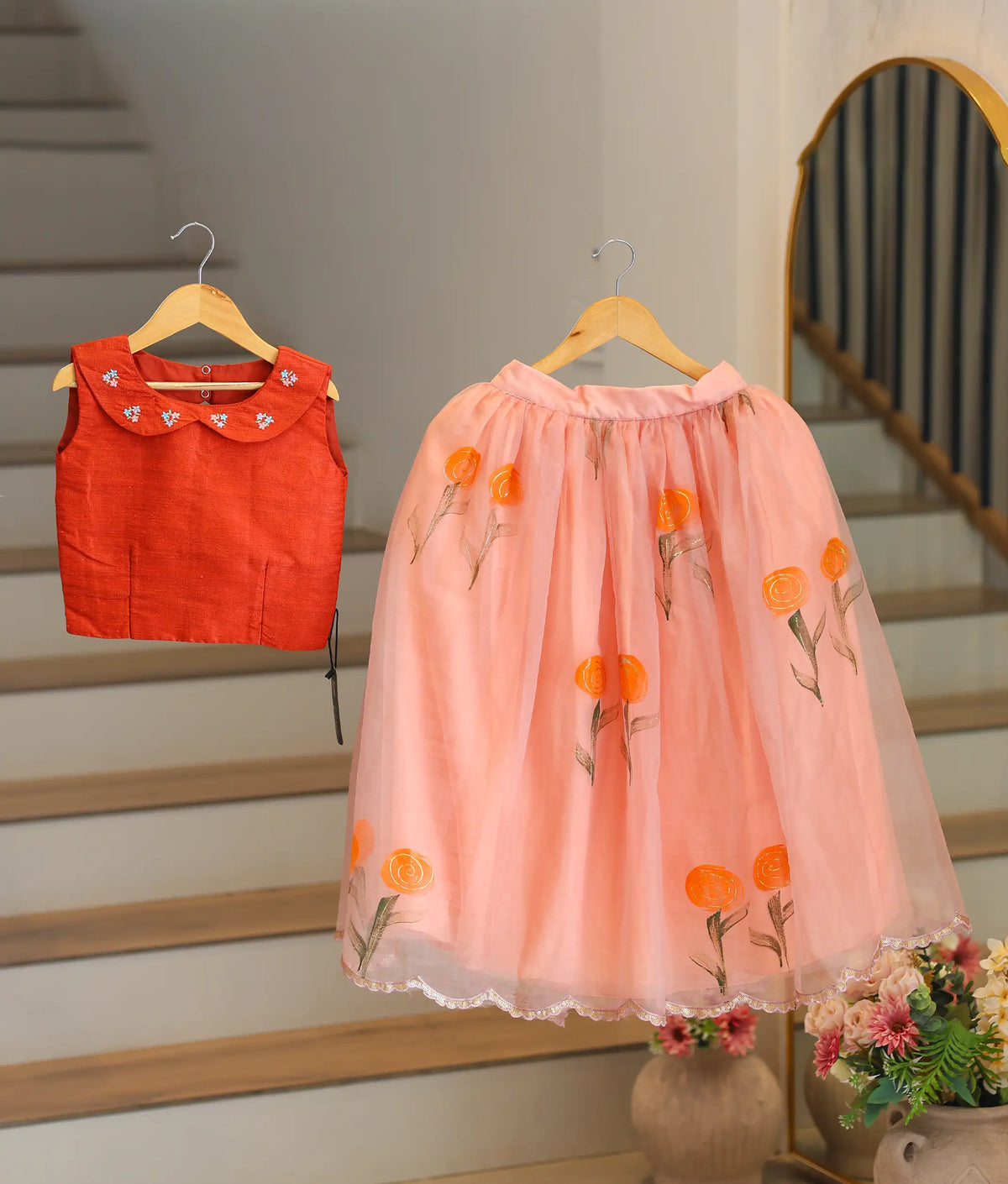 Rust Orange and Peach Organza Skirt and Top for Baby Girl [2633]