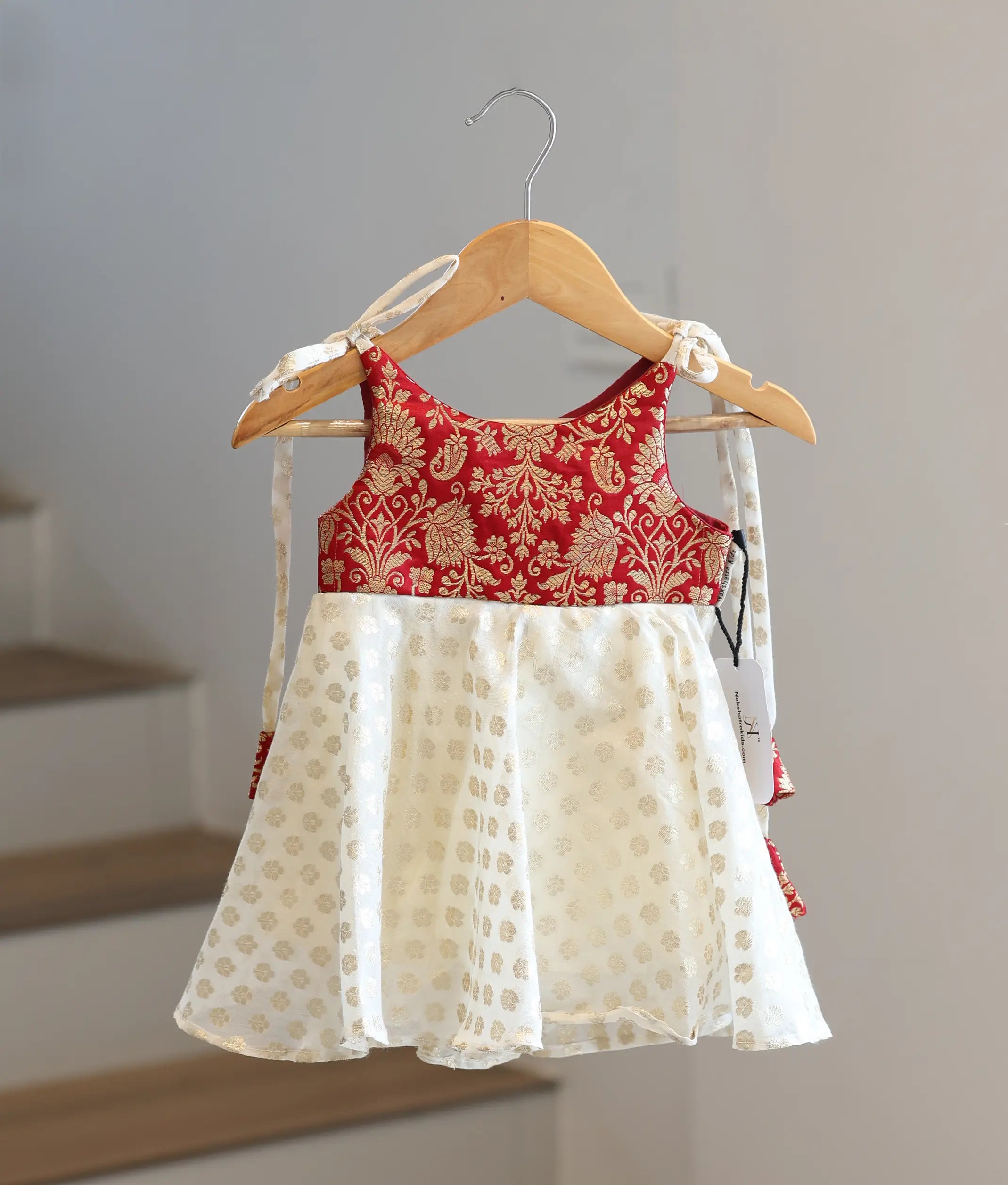 Off-white Cotton and Red Banarasi Frock for Baby Girls [2637]