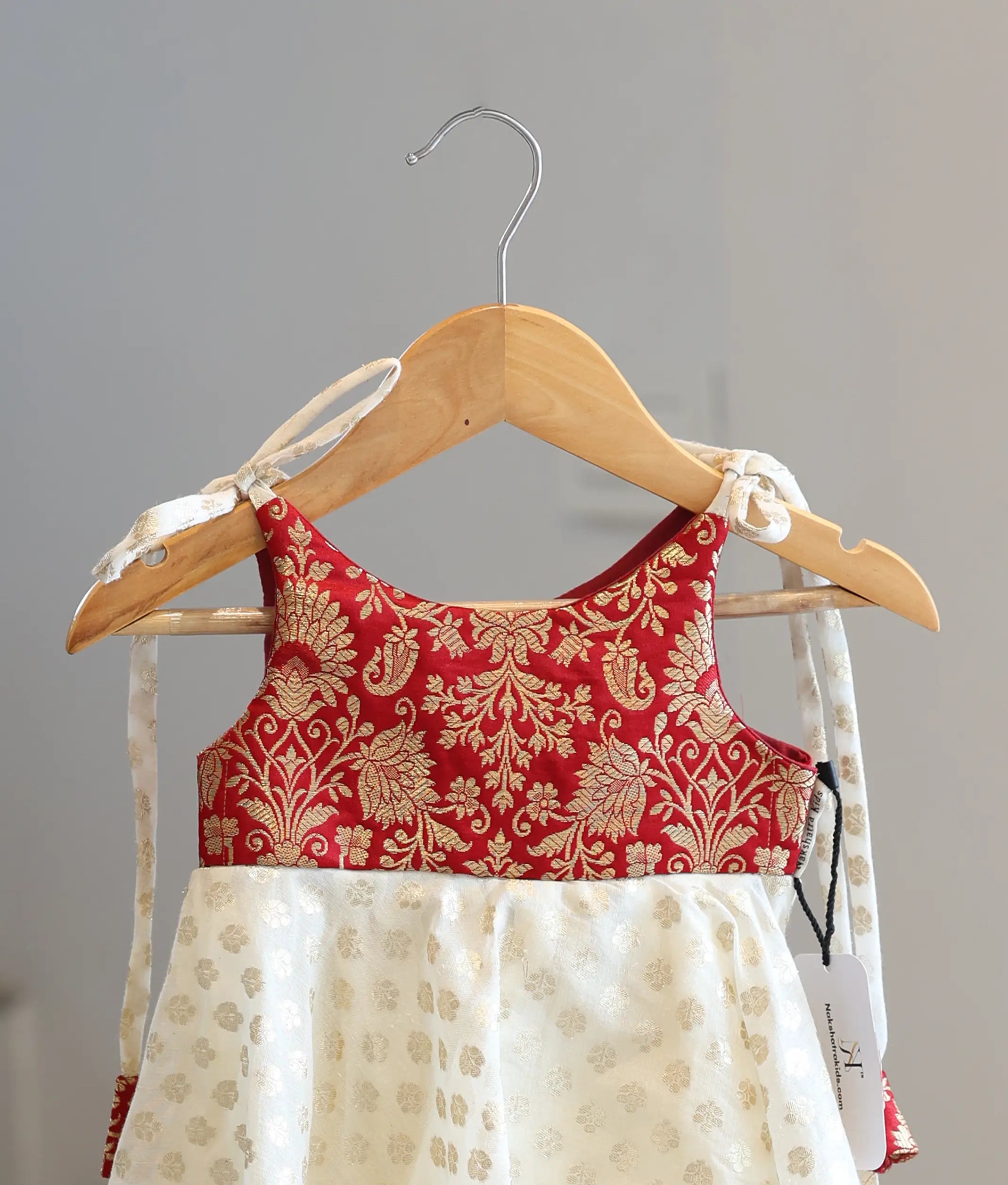 Off-white Cotton and Red Banarasi Frock for Baby Girls [2637]