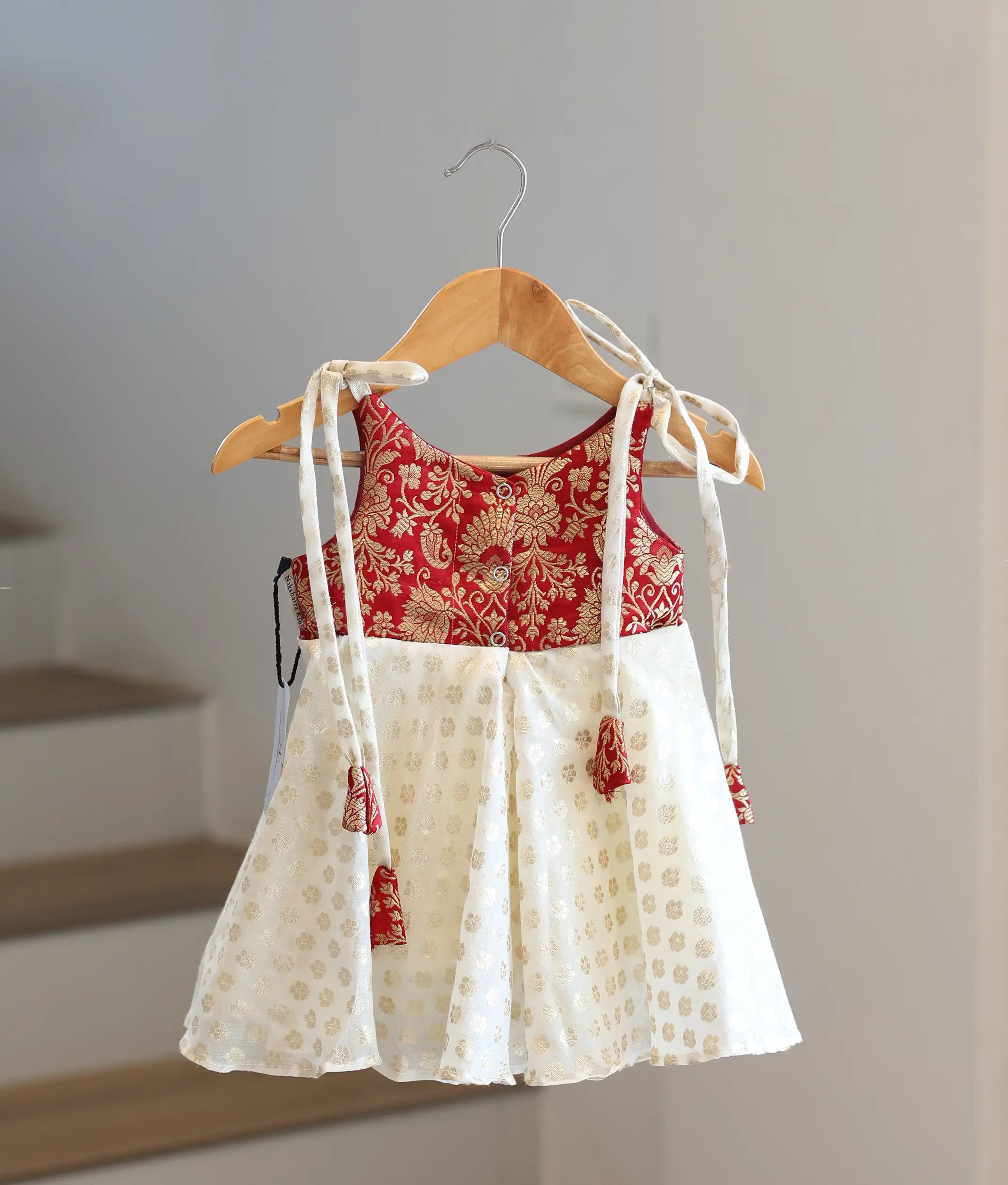 Off-white Cotton and Red Banarasi Frock for Baby Girls [2637]