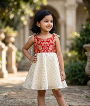 Off-white Cotton and Red Banarasi Frock for Baby Girls [2637]