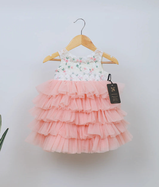 Offwhite Embroidery Yoke With Peach Step Skirt For Baby Girl [Ready to ship :2650]