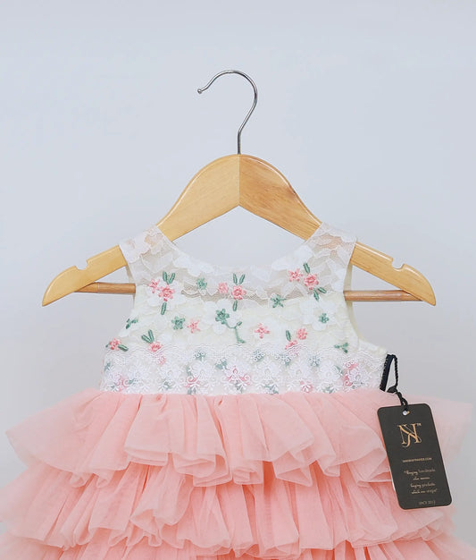 Offwhite Embroidery Yoke With Peach Step Skirt For Baby Girl [Ready to ship :2650]
