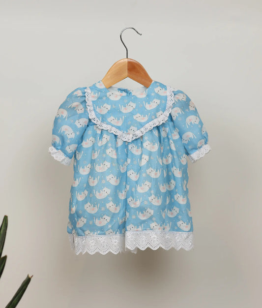 Blue Cat printed cotton Frock For Baby Girl [Ready to Ship: 2715]