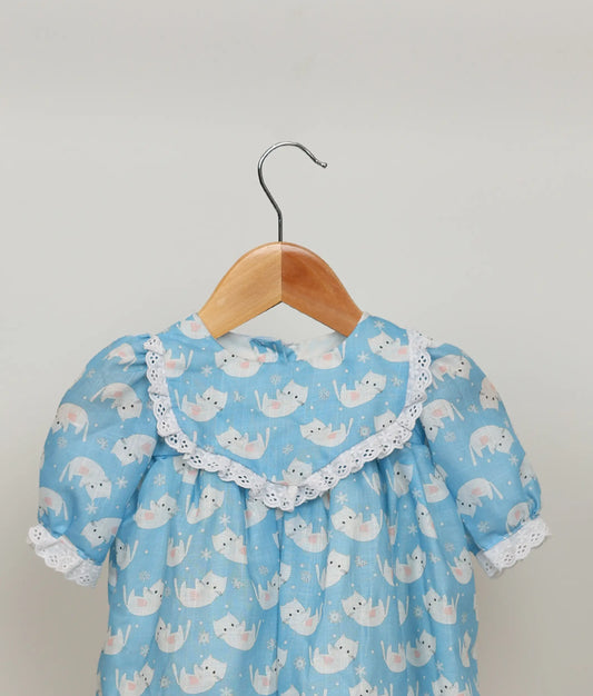 Blue Cat printed cotton Frock For Baby Girl [Ready to Ship: 2715]