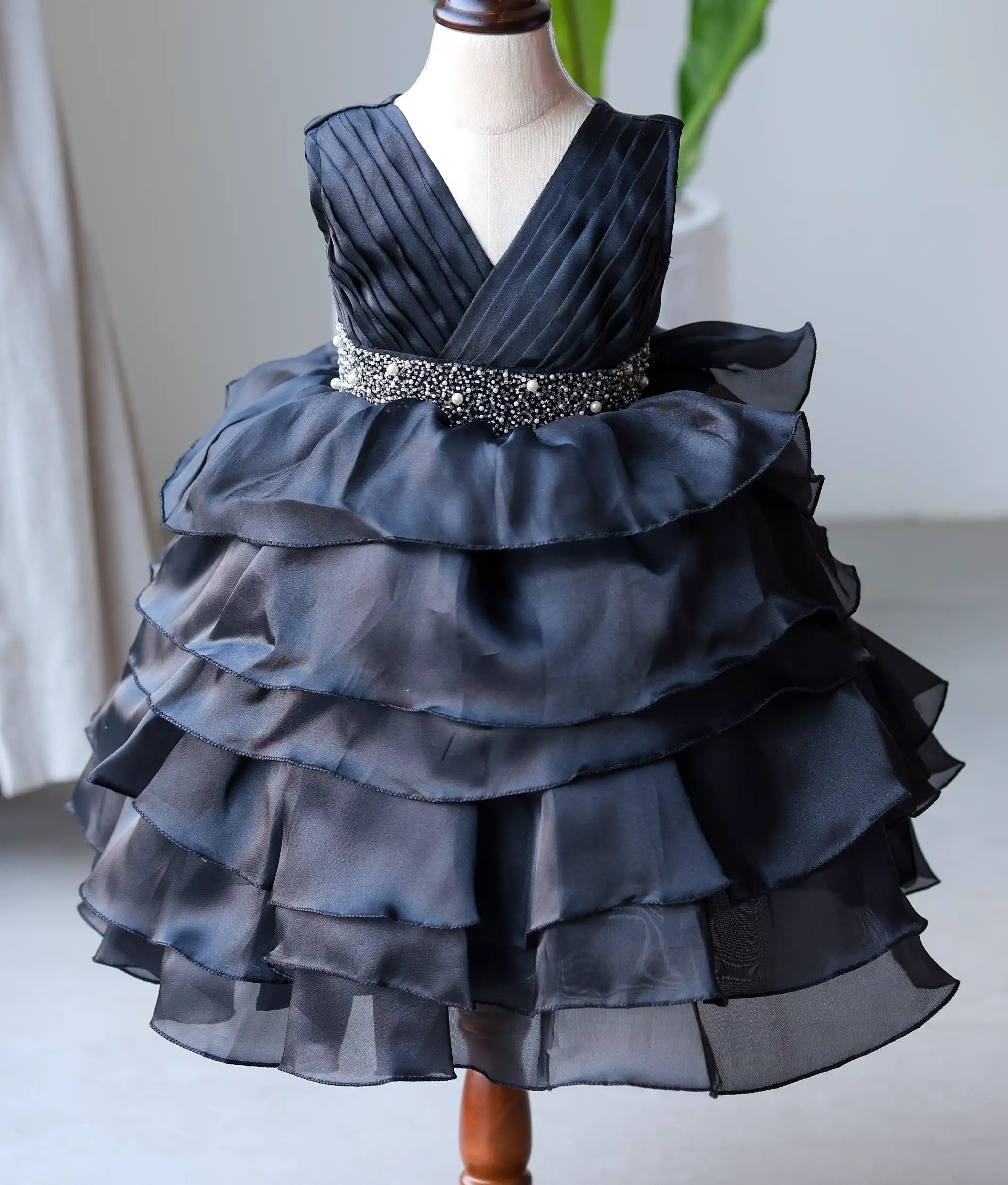 Black Plain Organza Hand worked Birthday Frock for Baby Girl [ 2721]