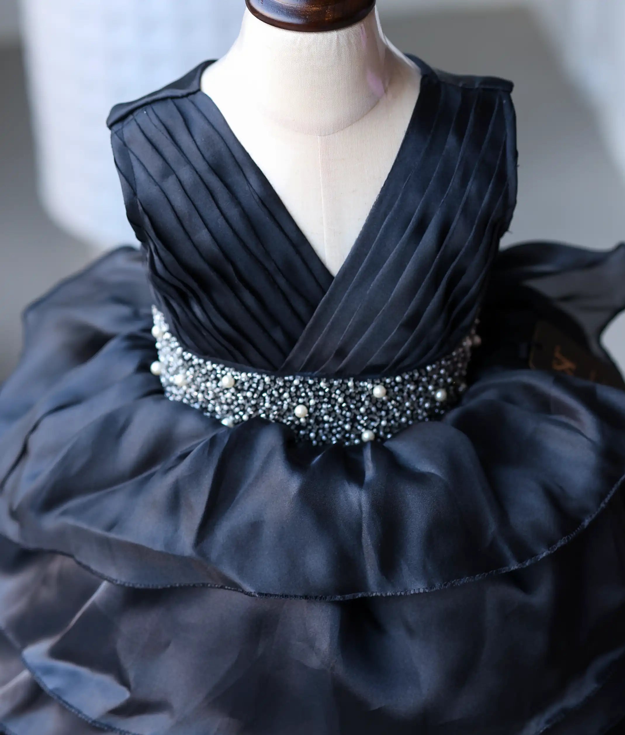 Black Plain Organza Hand worked Birthday Frock for Baby Girl [ 2721]