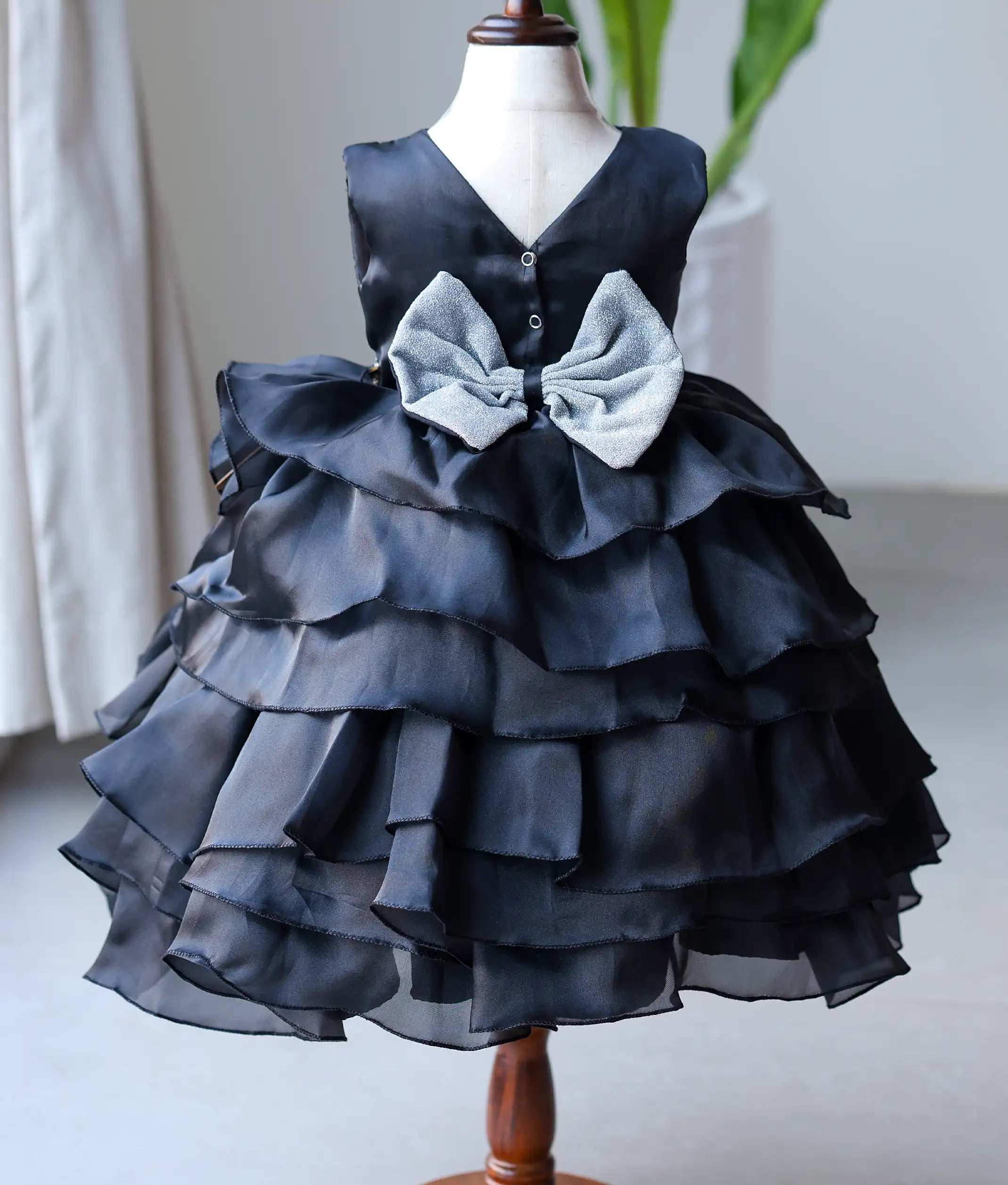 Black Plain Organza Hand worked Birthday Frock for Baby Girl [ 2721]