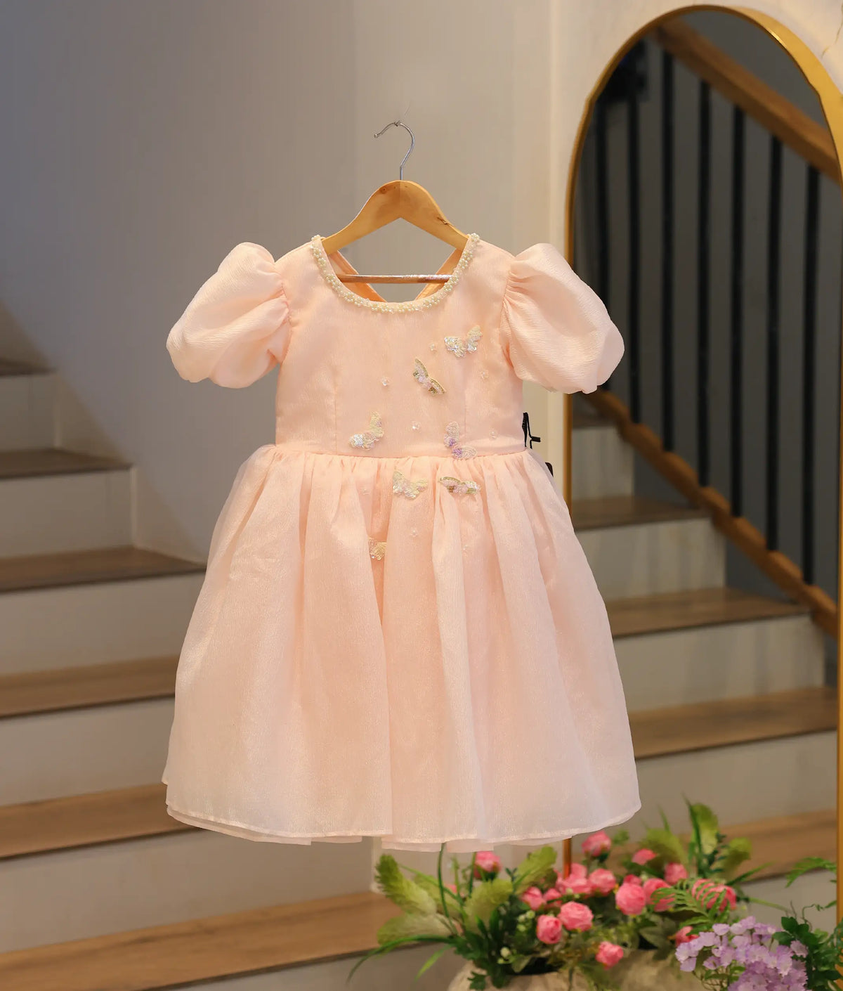Peach Crush Organza Butterfly Theme Birthday Frock for Baby Girl [2732]