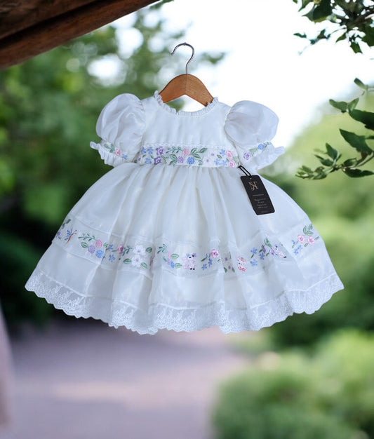Off-White Shimmer Organza Cartoon Theme Birthday Frock For Baby Girl [Ready To Ship: 2738]