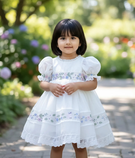 Off-White Shimmer Organza Cartoon Theme Birthday Frock For Baby Girl [Ready To Ship: 2738]