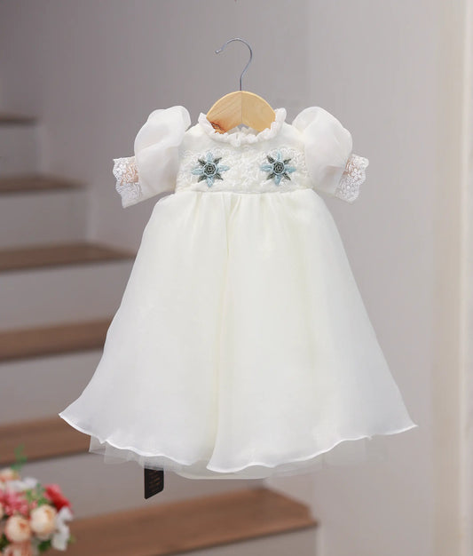 Off-White Plain Organza Handworked Baptism Frock For Baby Girl [Ready To Ship: 2739]