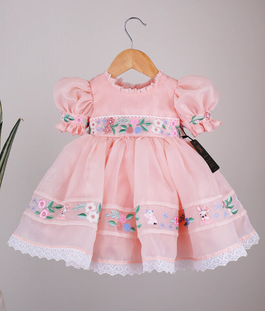 Peach Shimmer Organza Cartoon Theme Frock For Baby Girl [Pre order:2743]
