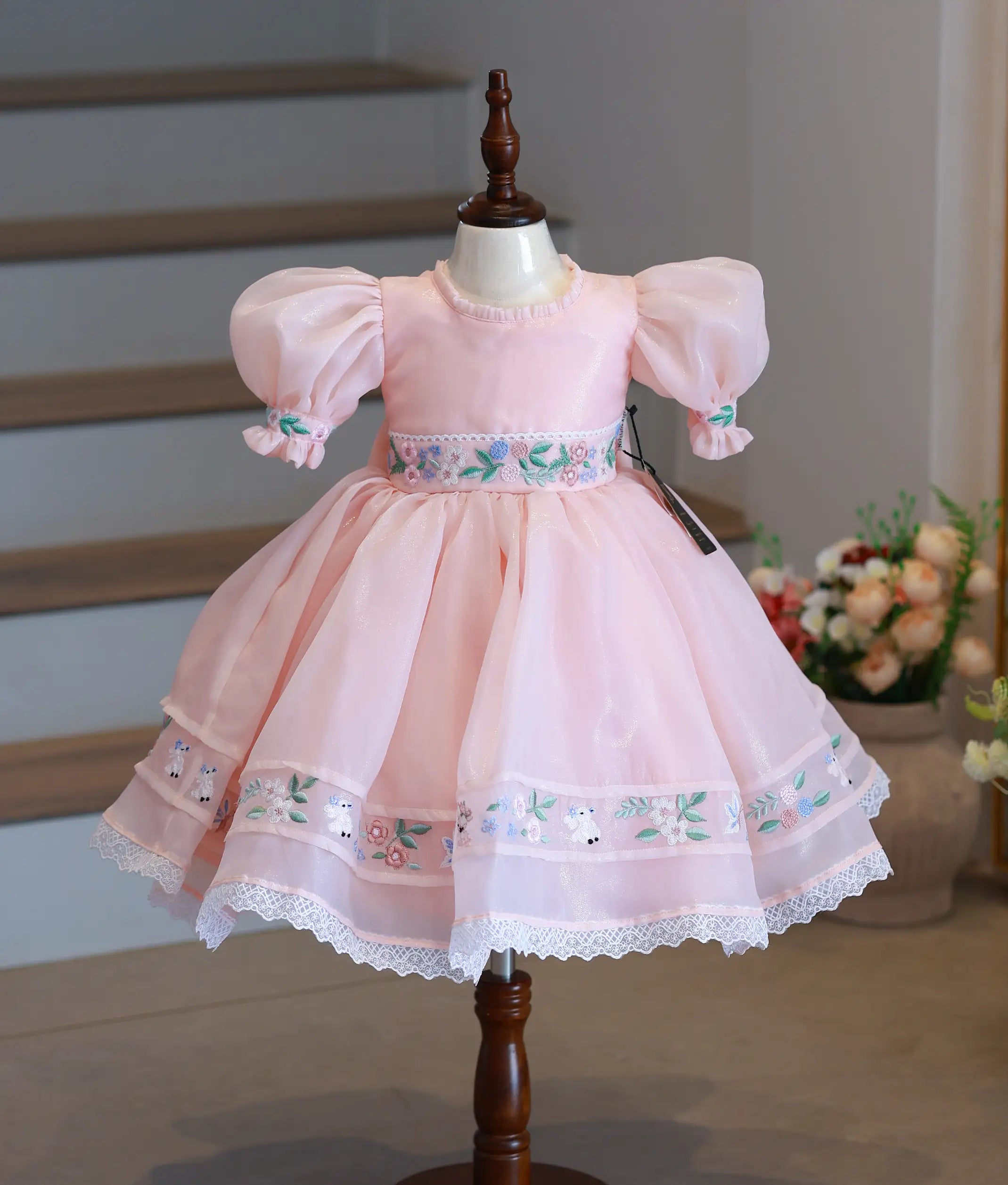 Peach Shimmer Organza Cartoon Theme Frock For Baby Girl [Pre Order: 2743]