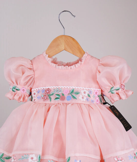 Peach Shimmer Organza Cartoon Theme Frock For Baby Girl [Pre order:2743]