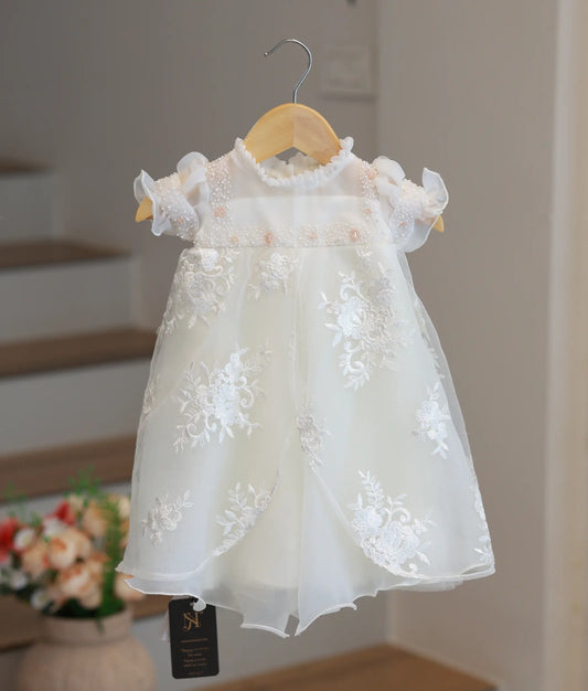 Off-White Handworked  Plain Organza Baptism Gown For Baby Girl [Ready To Ship: 2746]