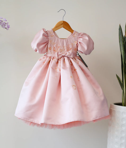 Pastel Peach Bridal satin Handwork Birthday Frock For Your Littlt One[Ready to ship:2747]