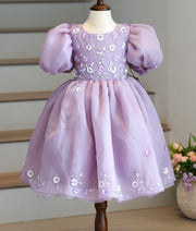Pastel Lavender Plain Organza Flower Theme Dress For Baby Girl [2754]