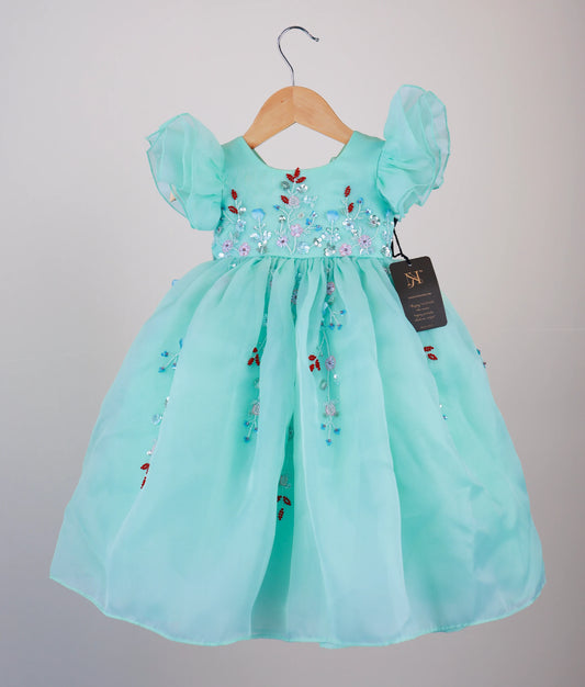 Sea Green Plain Organza Handworked Birthday Gown For Baby Girl [Ready to ship:2761]