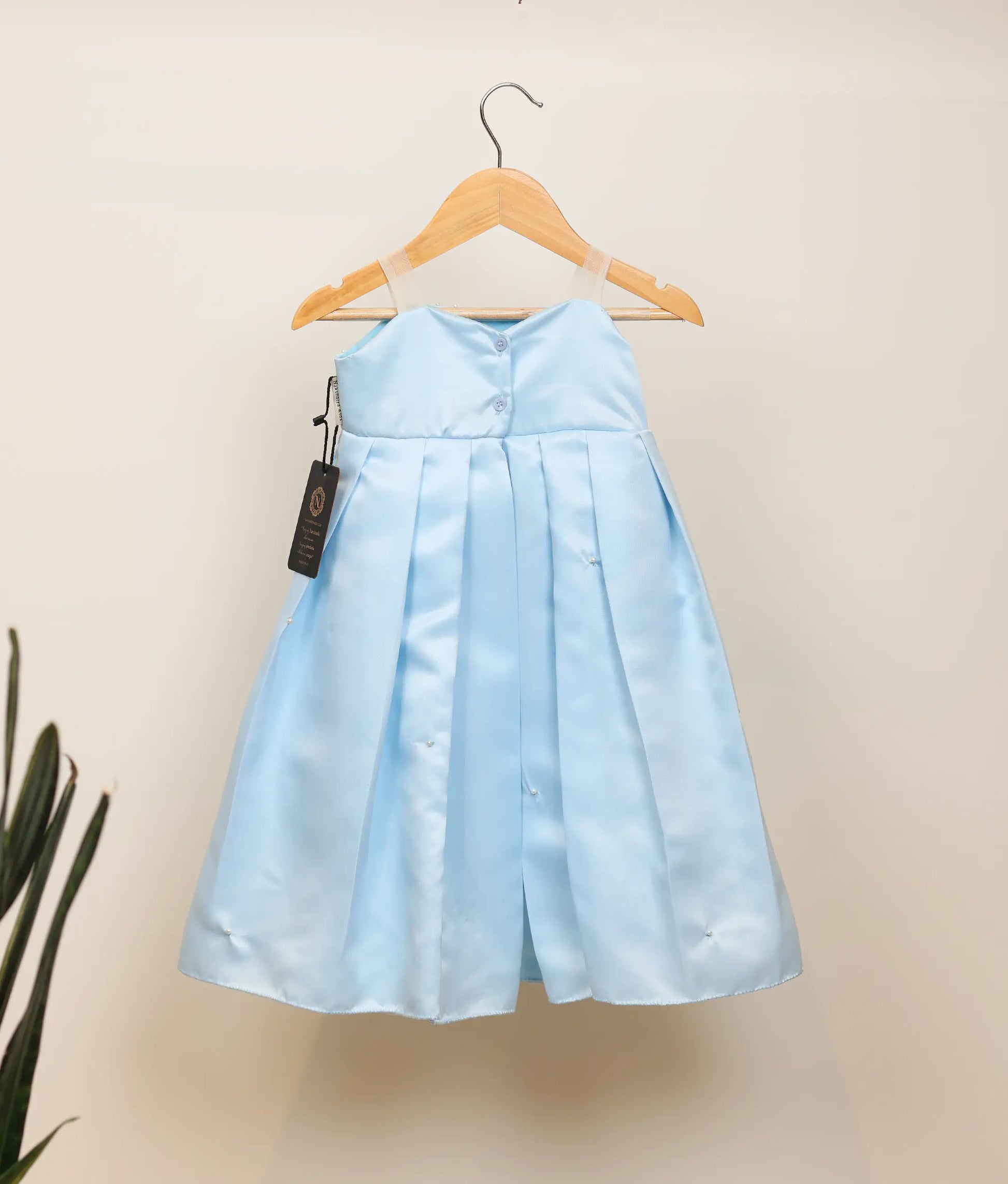 Back view of a handworked satin organza birthday gown against plain background