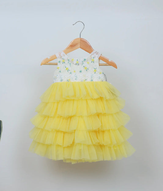 Off white Embroidery Yoke  With Yellow Step Skirt Birthday Frock For Baby Girl [Ready to Ship: 2766]