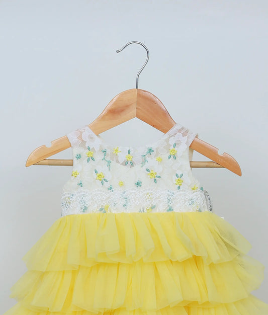 Off white Embroidery Yoke  With Yellow Step Skirt Birthday Frock For Baby Girl [Ready to Ship: 2766]