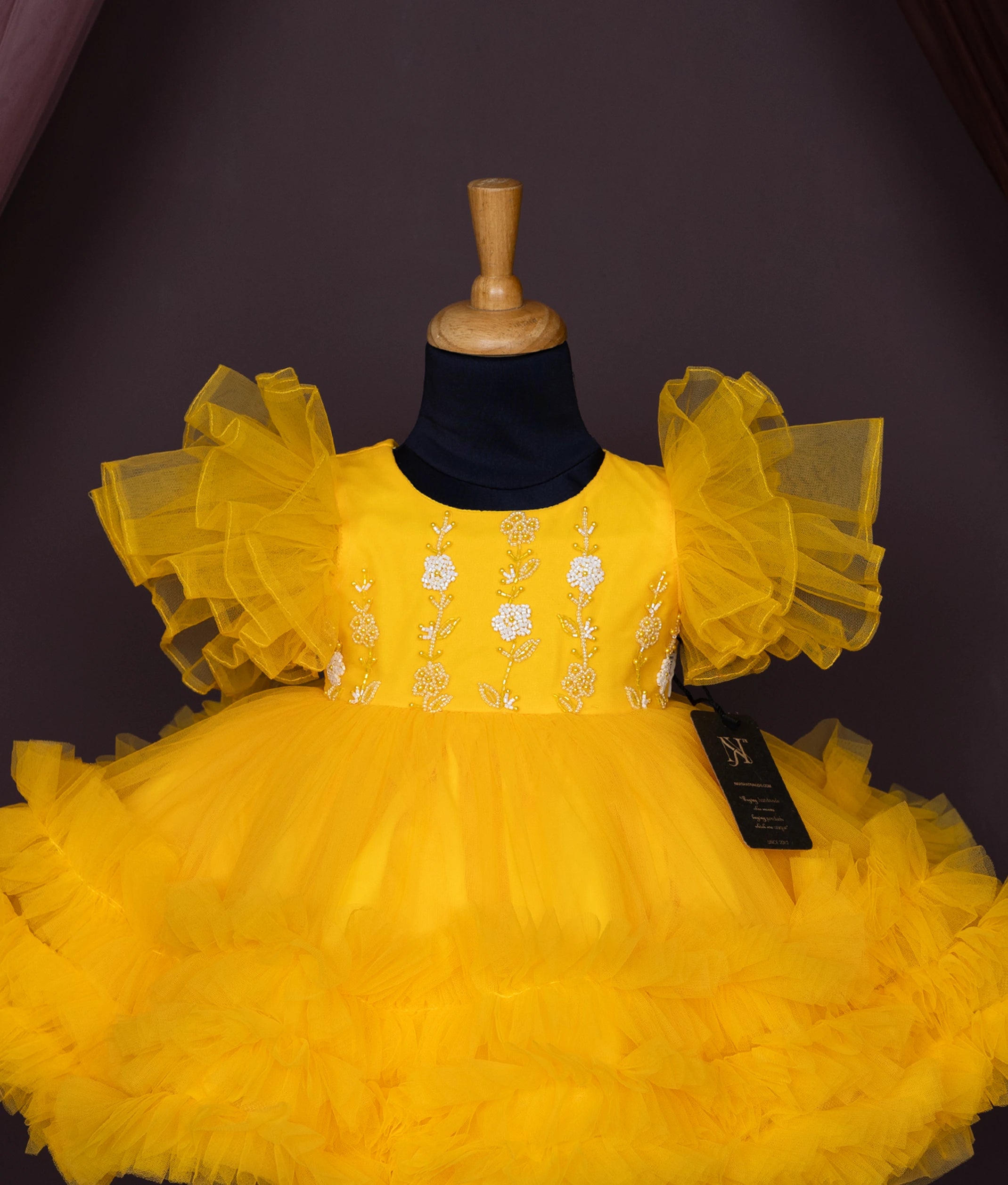Yellow Tulle Net Handworked Birthday Frock For Baby Girl [2778]
